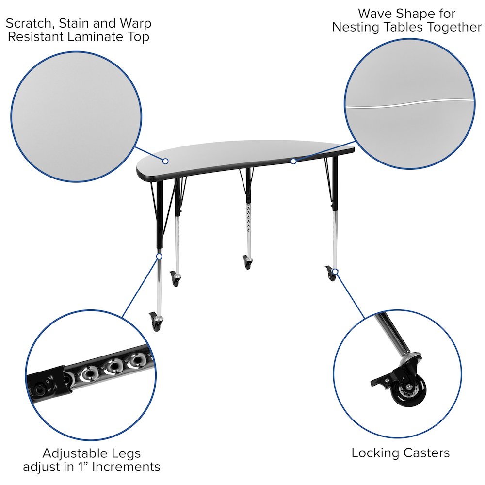 3 Piece Mobile 76" Wave Grey Thermal Activity Table Set-Standard Height Legs. Picture 4