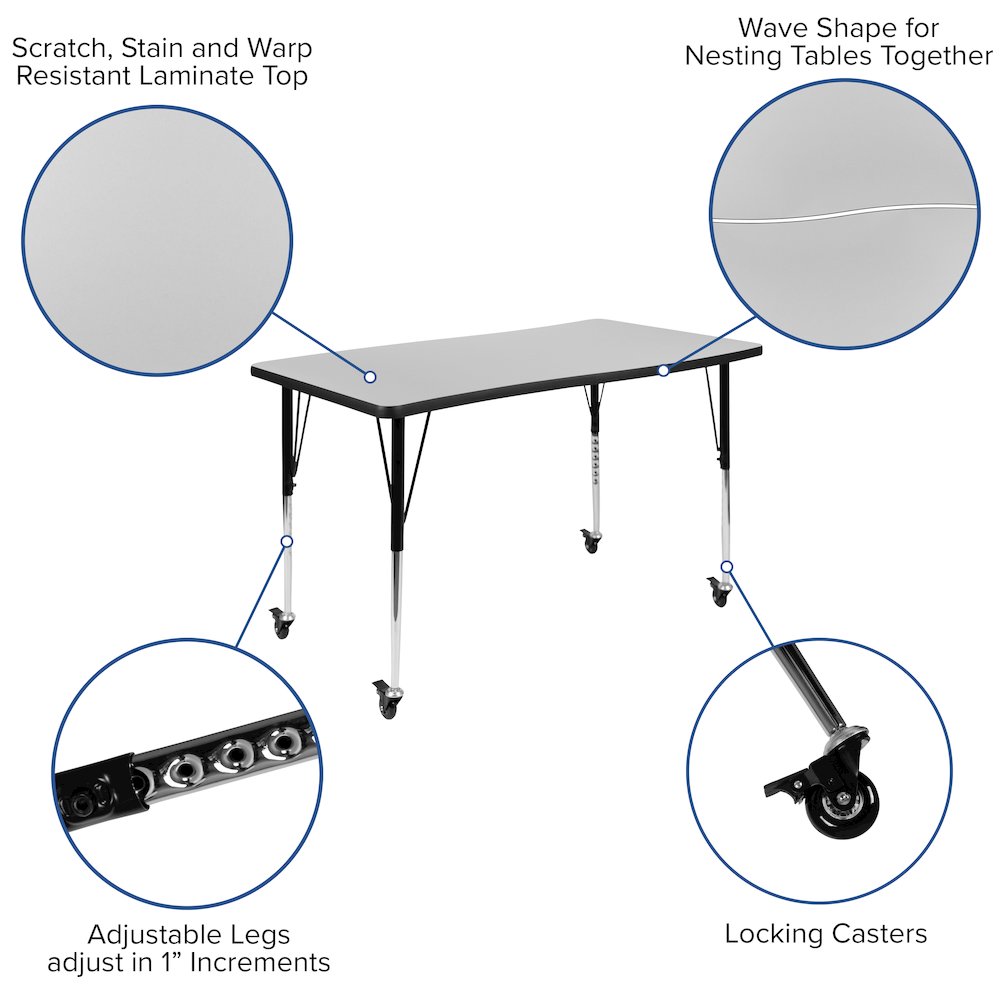 3 Piece Mobile 76" Wave Grey Thermal Activity Table Set-Standard Height Legs. Picture 5