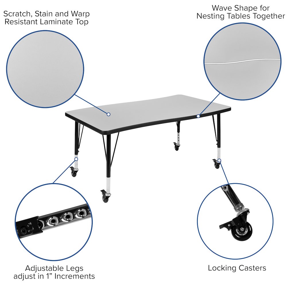3 Piece Mobile 76" Wave Grey Thermal Activity Table Set - Height Short Legs. Picture 5
