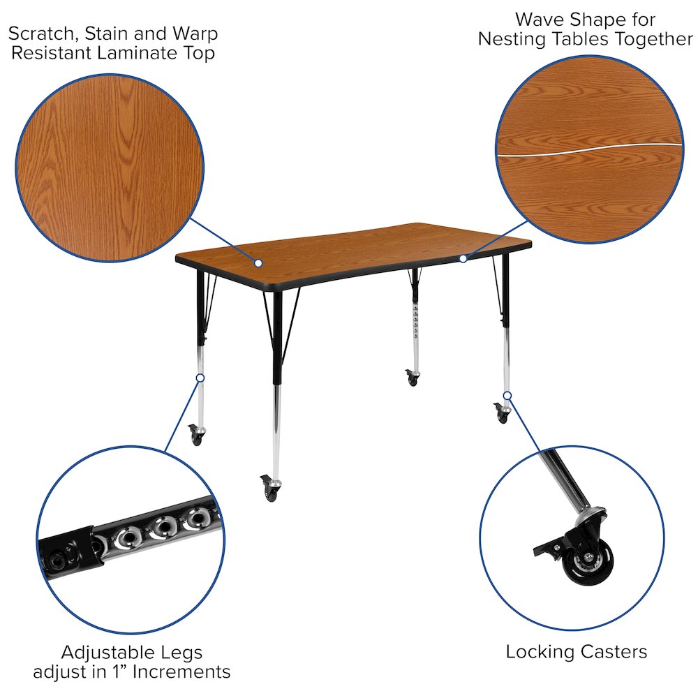 3 Piece Mobile 76" Wave Oak Thermal Activity Table Set-Standard Height Legs. Picture 5