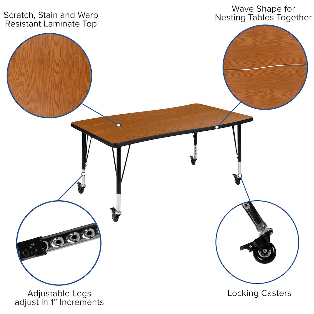 3 Piece Mobile 76" Wave Oak Thermal Activity Table Set - Height Short Legs. Picture 5