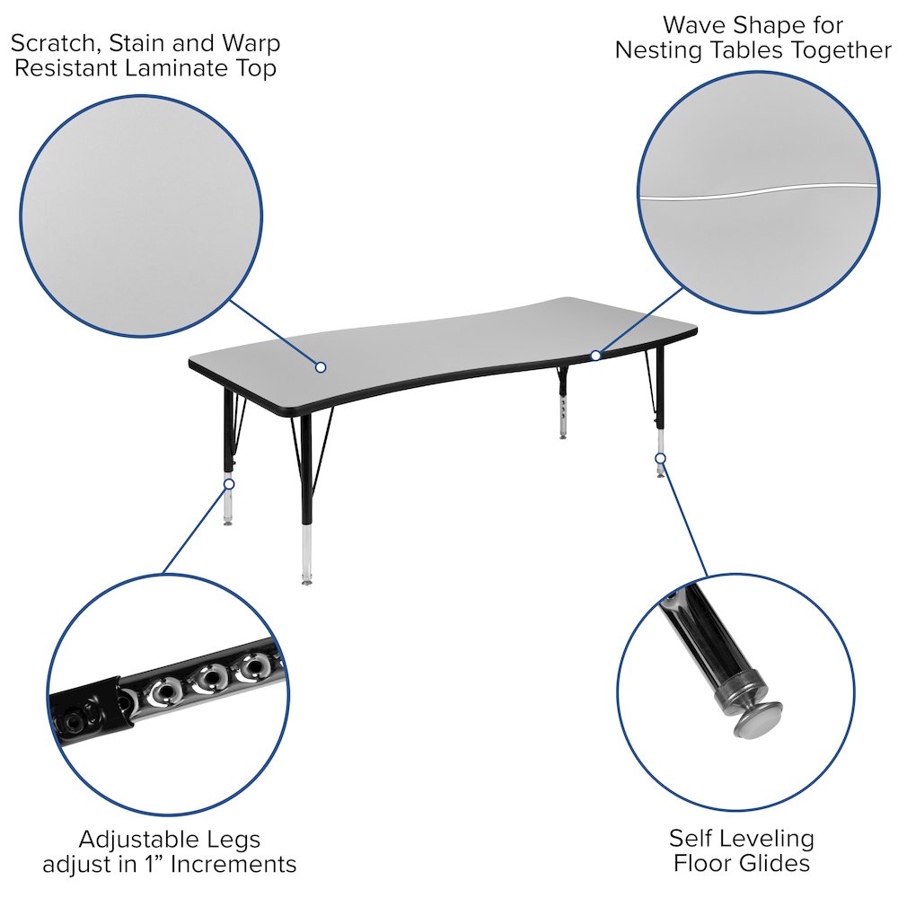 2 Piece 86" Wave Grey Thermal Activity Table Set - Height Adjustable Short Legs. Picture 5
