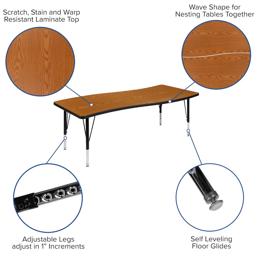 2 Piece 86" Wave Oak Thermal Activity Table Set - Height Adjustable Short Legs. Picture 5