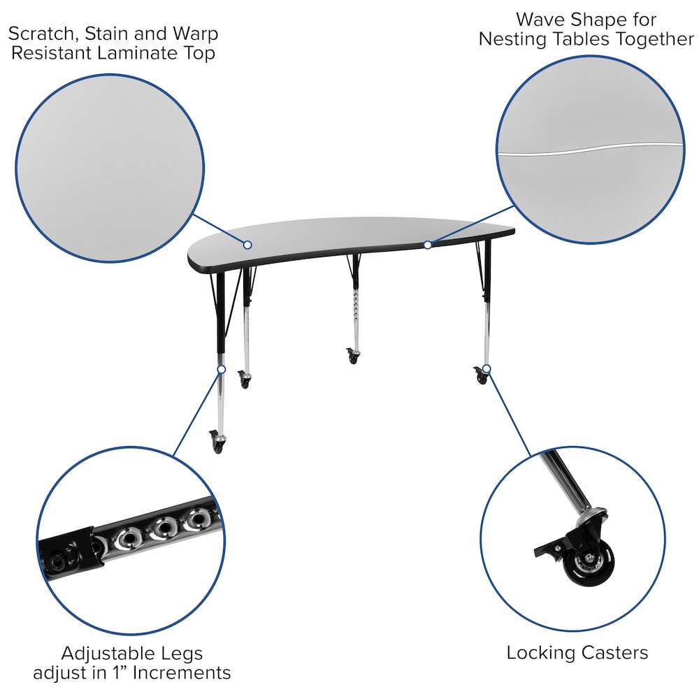 2 Piece Mobile Emmy 60" Circle Wave Grey Thermal Adjustable Activity Table Set. Picture 4