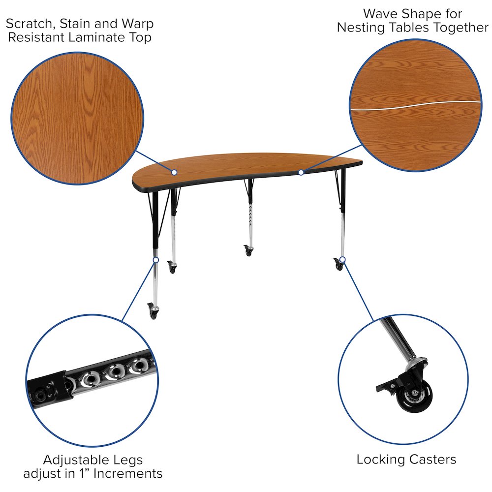 2 Piece Mobile Emmy 60" Circle Wave Oak Thermal Adjustable Activity Table Set. Picture 4