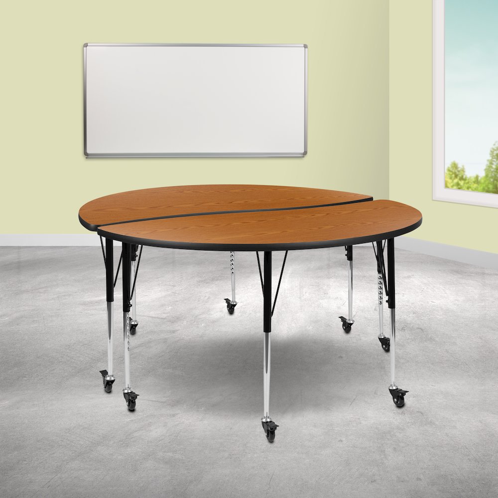 2 Piece Mobile Emmy 60" Circle Wave Oak Thermal Adjustable Activity Table Set. Picture 2