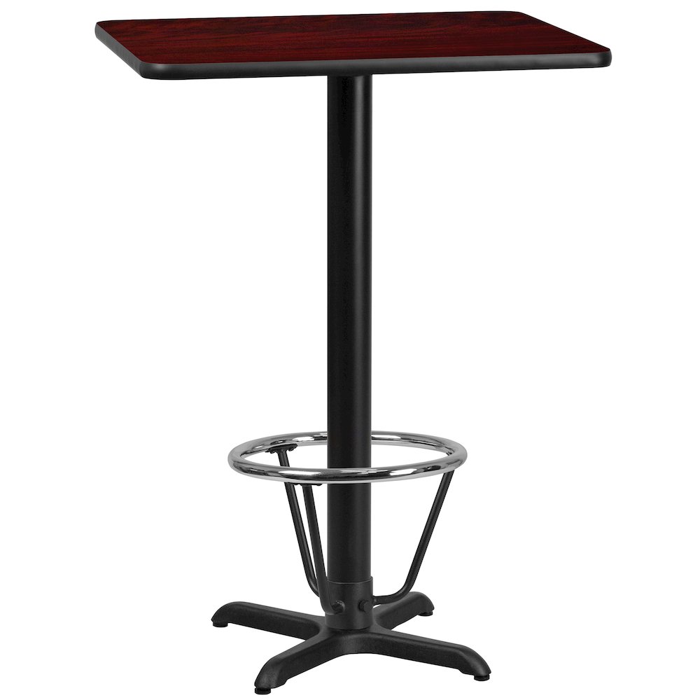 24'' x 30'' Rectangular Mahogany Laminate Table Top with 22'' x 22'' Bar Height Table Base and Foot Ring. Picture 1