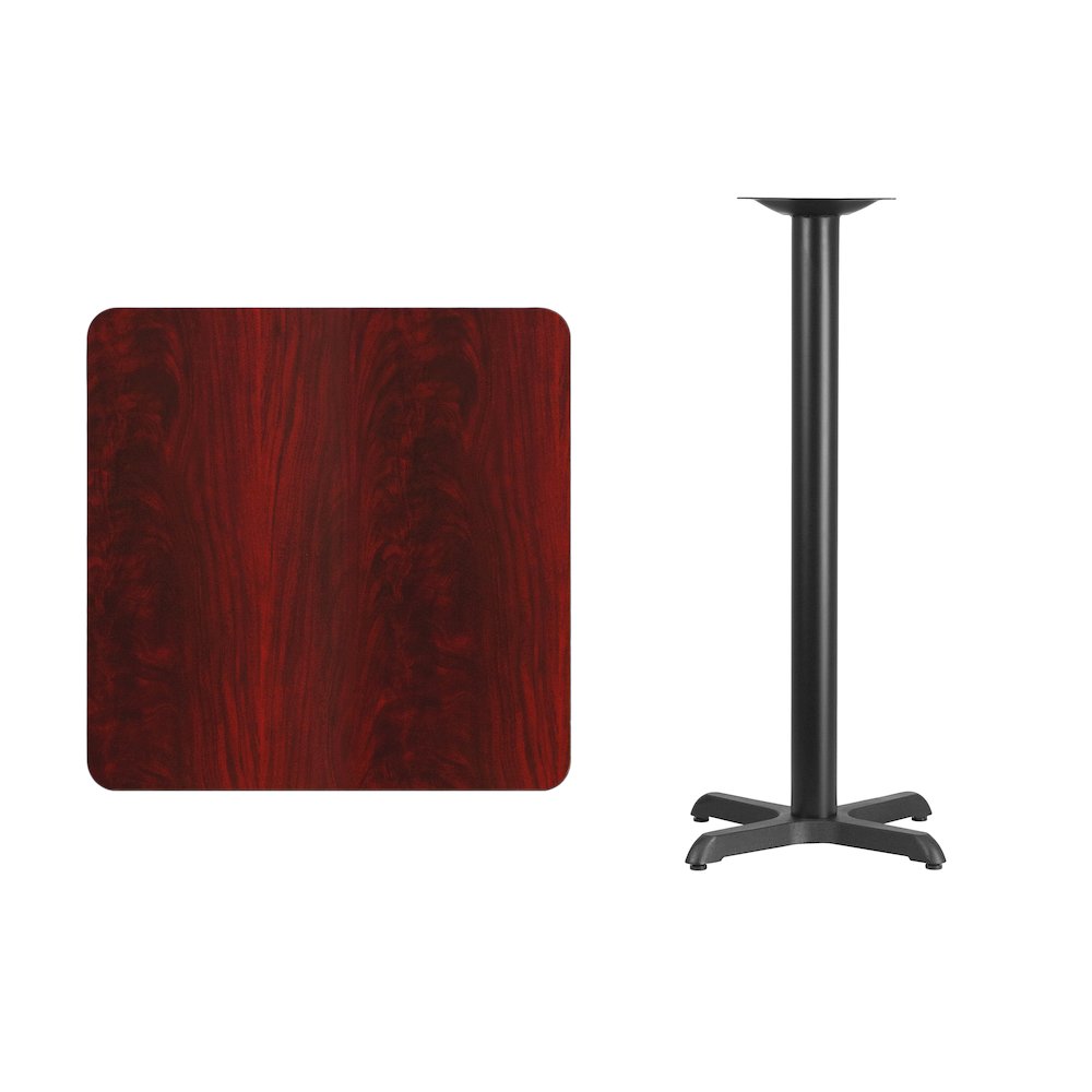 30'' Square Mahogany Laminate Table Top with 22'' x 22'' Bar Height Table Base. Picture 4