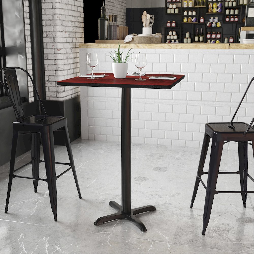 30'' Square Mahogany Laminate Table Top with 22'' x 22'' Bar Height Table Base. Picture 2