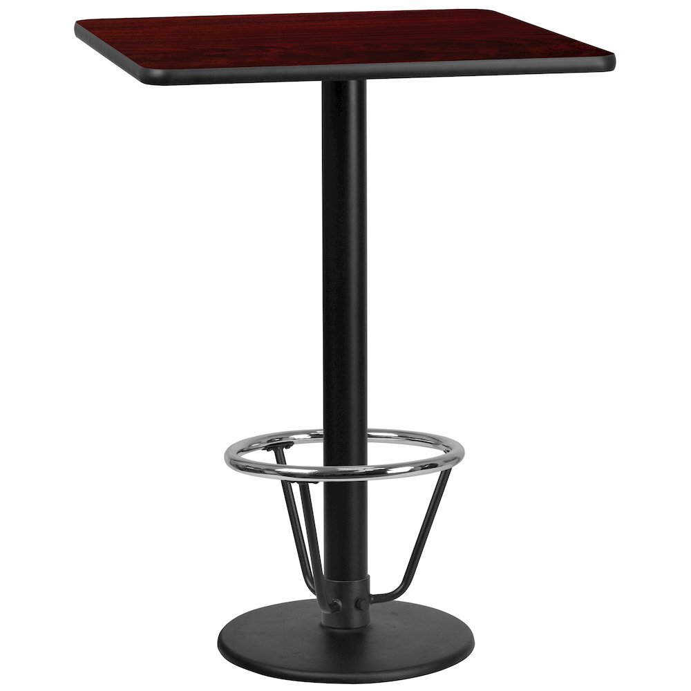 30'' Square Mahogany Laminate Table Top with 18'' Round Bar Height Table Base and Foot Ring. Picture 1