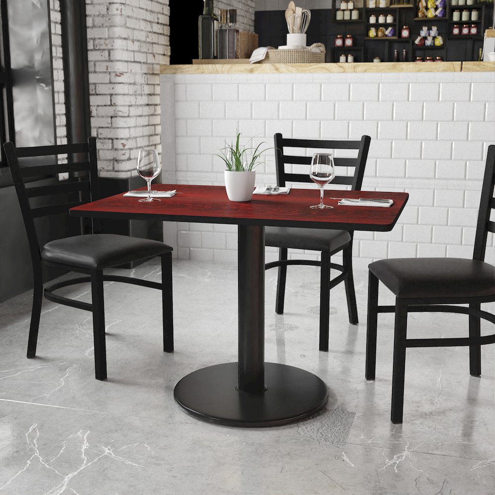 30'' x 42'' Rectangular Mahogany Table Top with 24'' Round Table Height Base. Picture 2