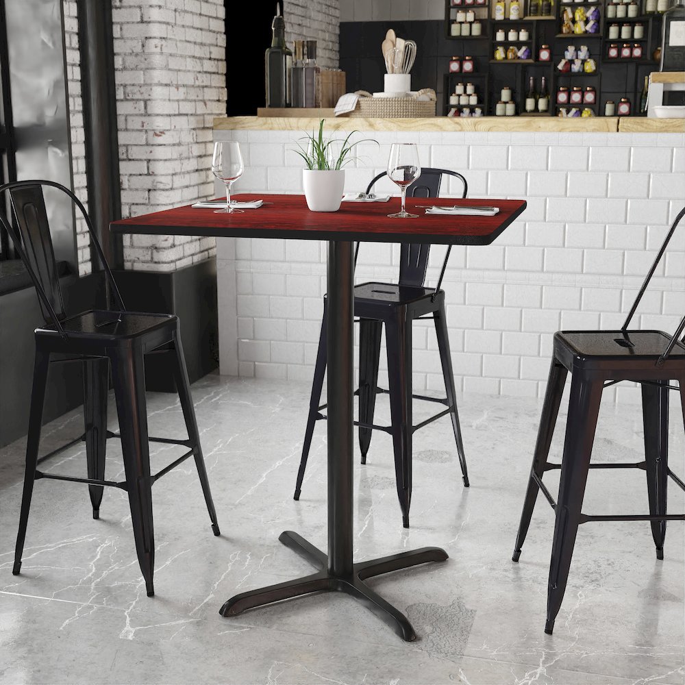 36'' Square Mahogany Laminate Table Top with 30'' x 30'' Bar Height Table Base. Picture 2