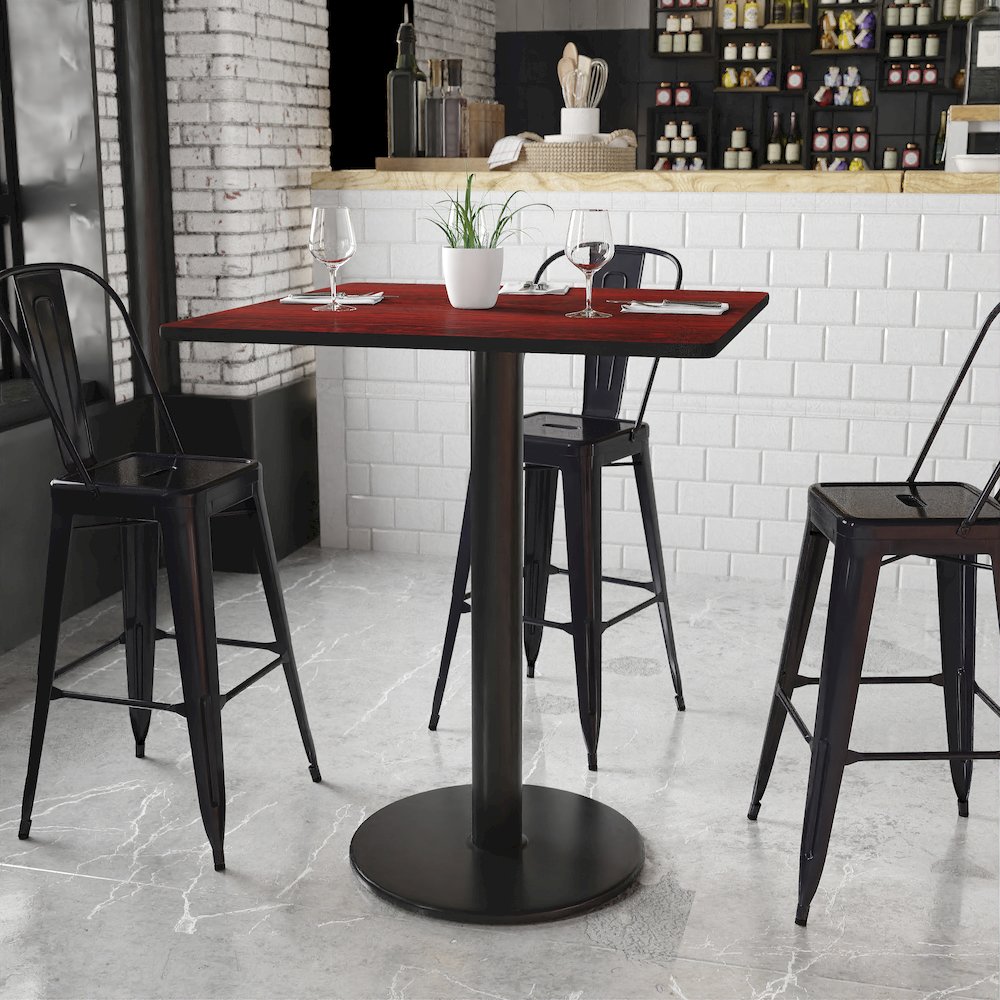 36'' Square Mahogany Laminate Table Top with 24'' Round Bar Height Table Base. Picture 2