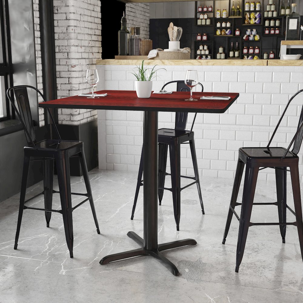 42'' Square Mahogany Laminate Table Top with 33'' x 33'' Bar Height Table Base. Picture 2
