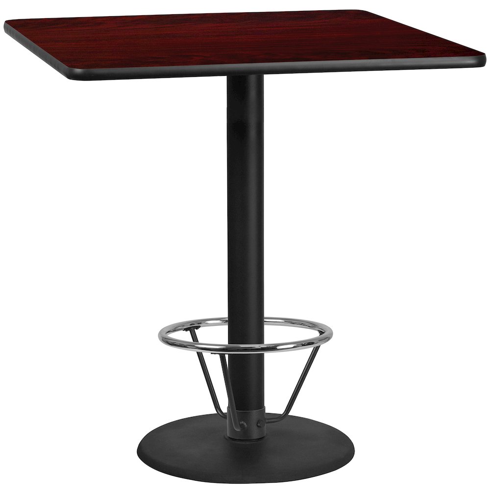 42'' Square Mahogany Laminate Table Top with 24'' Round Bar Height Table Base and Foot Ring. Picture 1