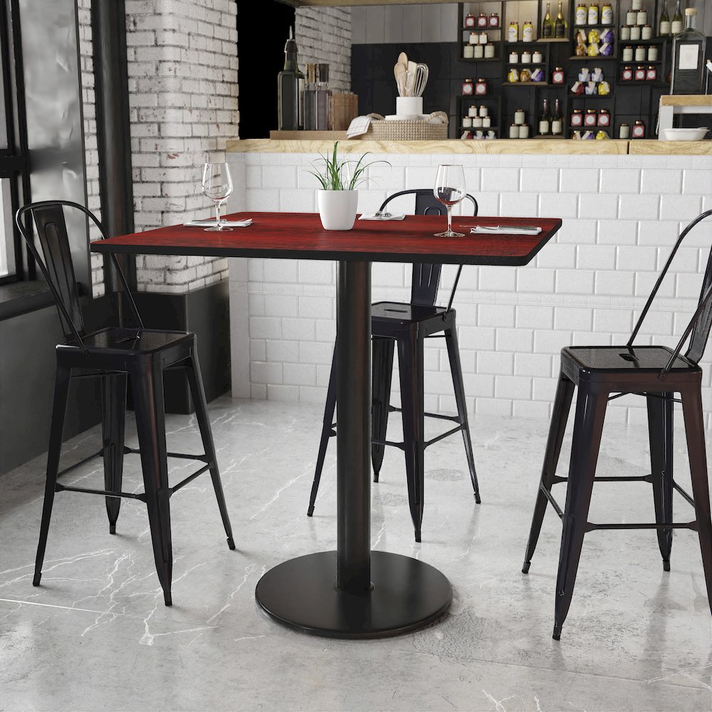 42'' Square Mahogany Laminate Table Top with 24'' Round Bar Height Table Base. Picture 2