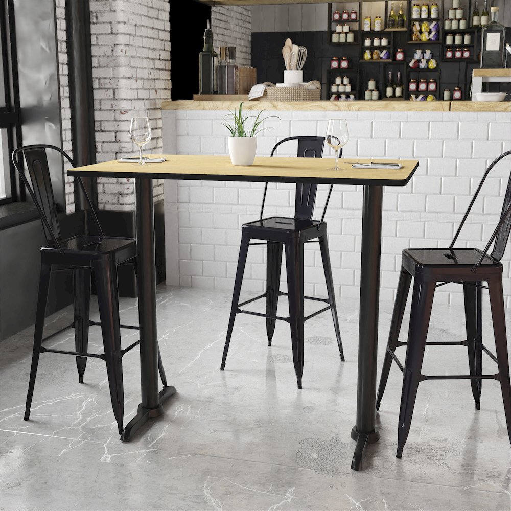 30'' x 48'' Rectangular Natural Table Top with 5'' x 22'' Bar Height Table Bases. Picture 2
