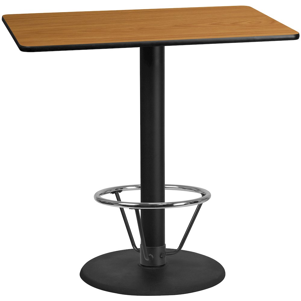 30'' x 48'' Rectangular Natural Laminate Table Top with 24'' Round Bar Height Table Base and Foot Ring. Picture 1