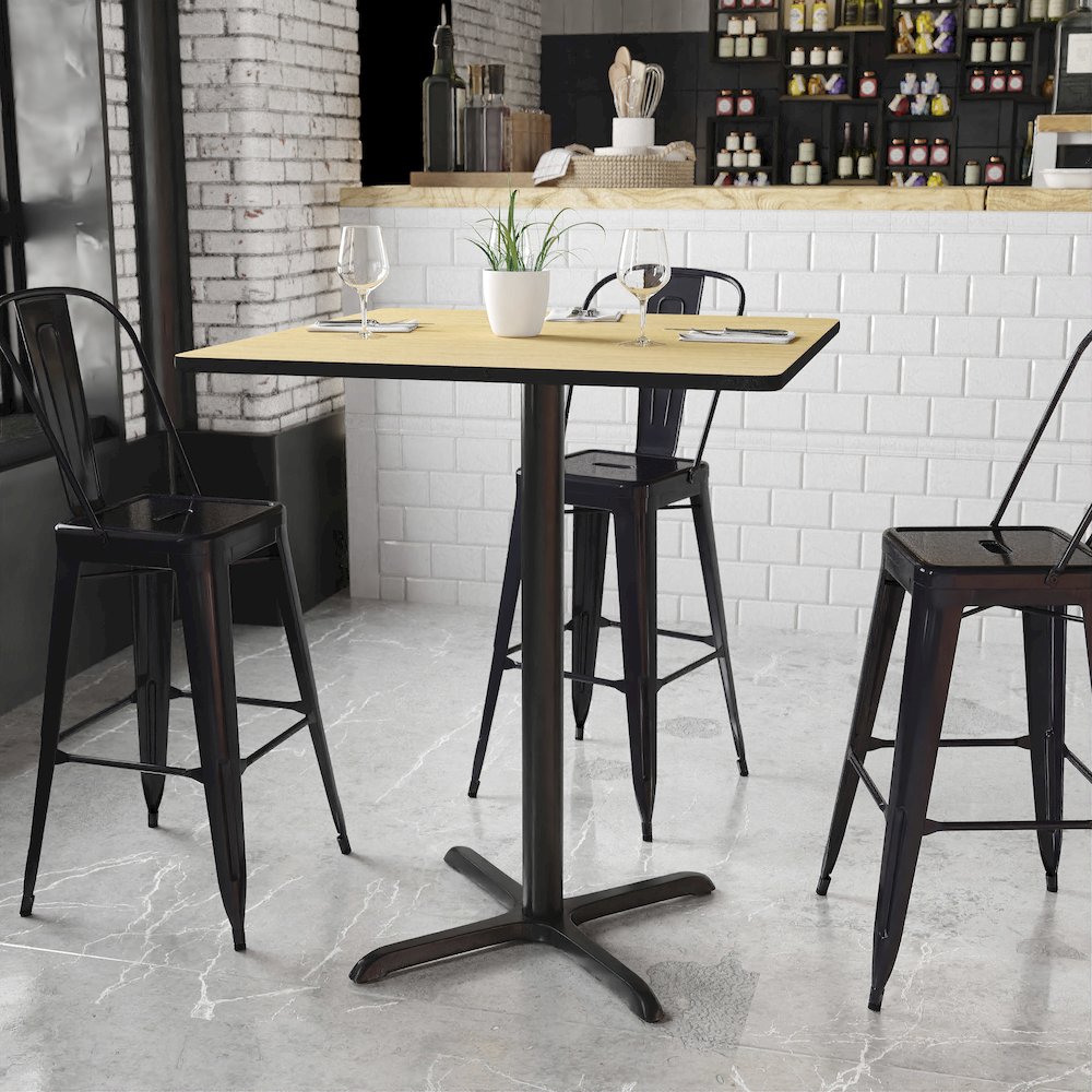 36'' Square Natural Laminate Table Top with 30'' x 30'' Bar Height Table Base. Picture 2