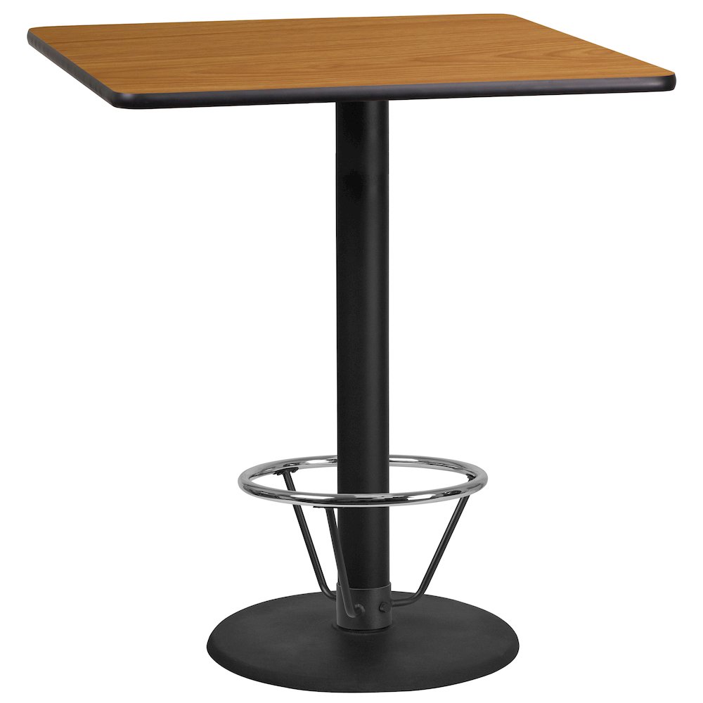 36'' Square Natural Laminate Table Top with 24'' Round Bar Height Table Base and Foot Ring. Picture 1