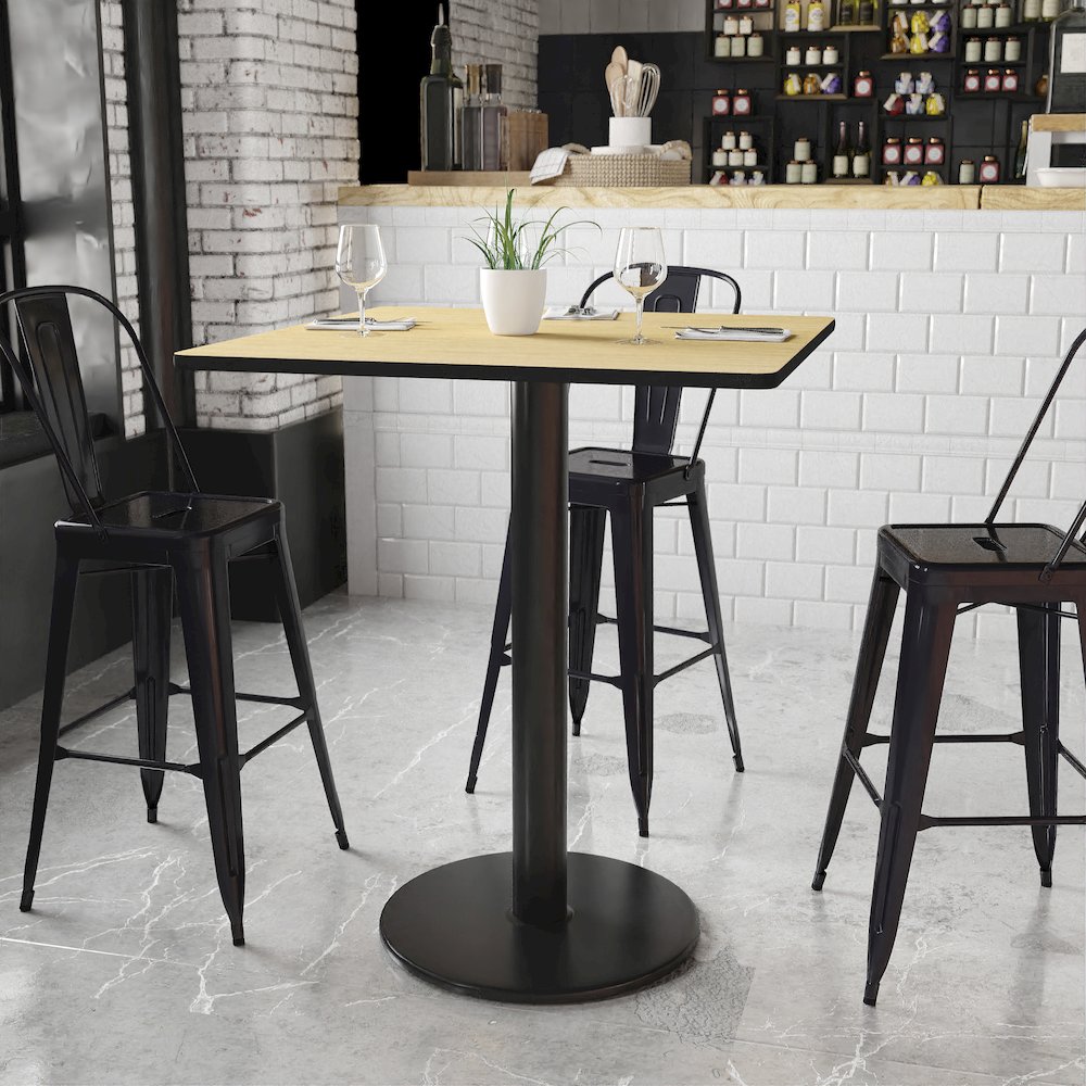 36'' Square Natural Laminate Table Top with 24'' Round Bar Height Table Base. Picture 2