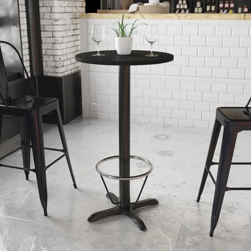 24'' Round Black Table Top with 22'' x 22'' Bar Height Table Base and Foot Ring. Picture 2