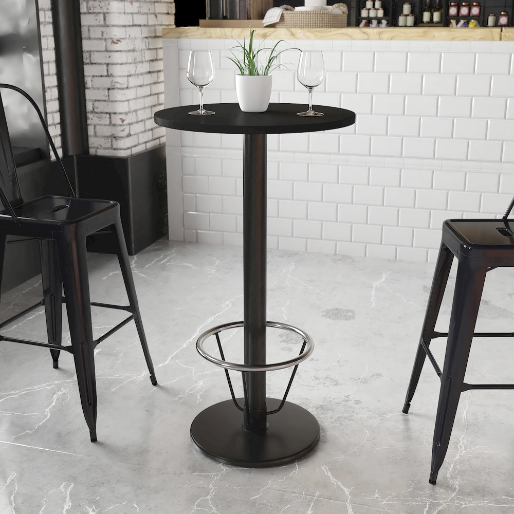 24'' Round Black Table Top with 18'' Round Bar Height Table Base and Foot Ring. Picture 2