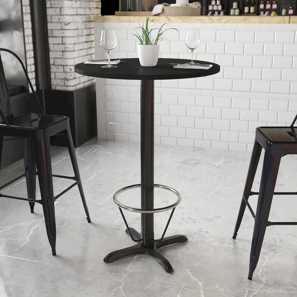 30'' Round Black Table Top with 22'' x 22'' Bar Height Table Base and Foot Ring. Picture 2
