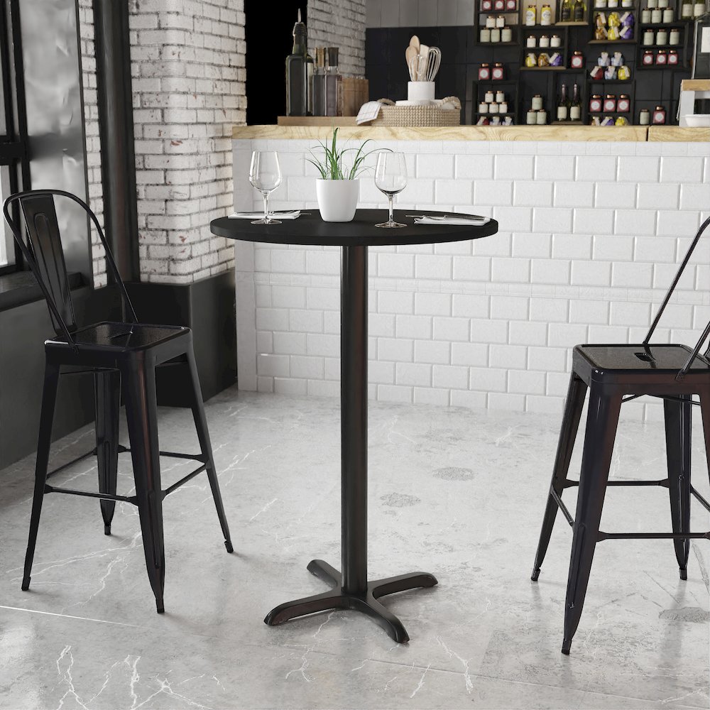 30'' Round Black Laminate Table Top with 22'' x 22'' Bar Height Table Base. Picture 2