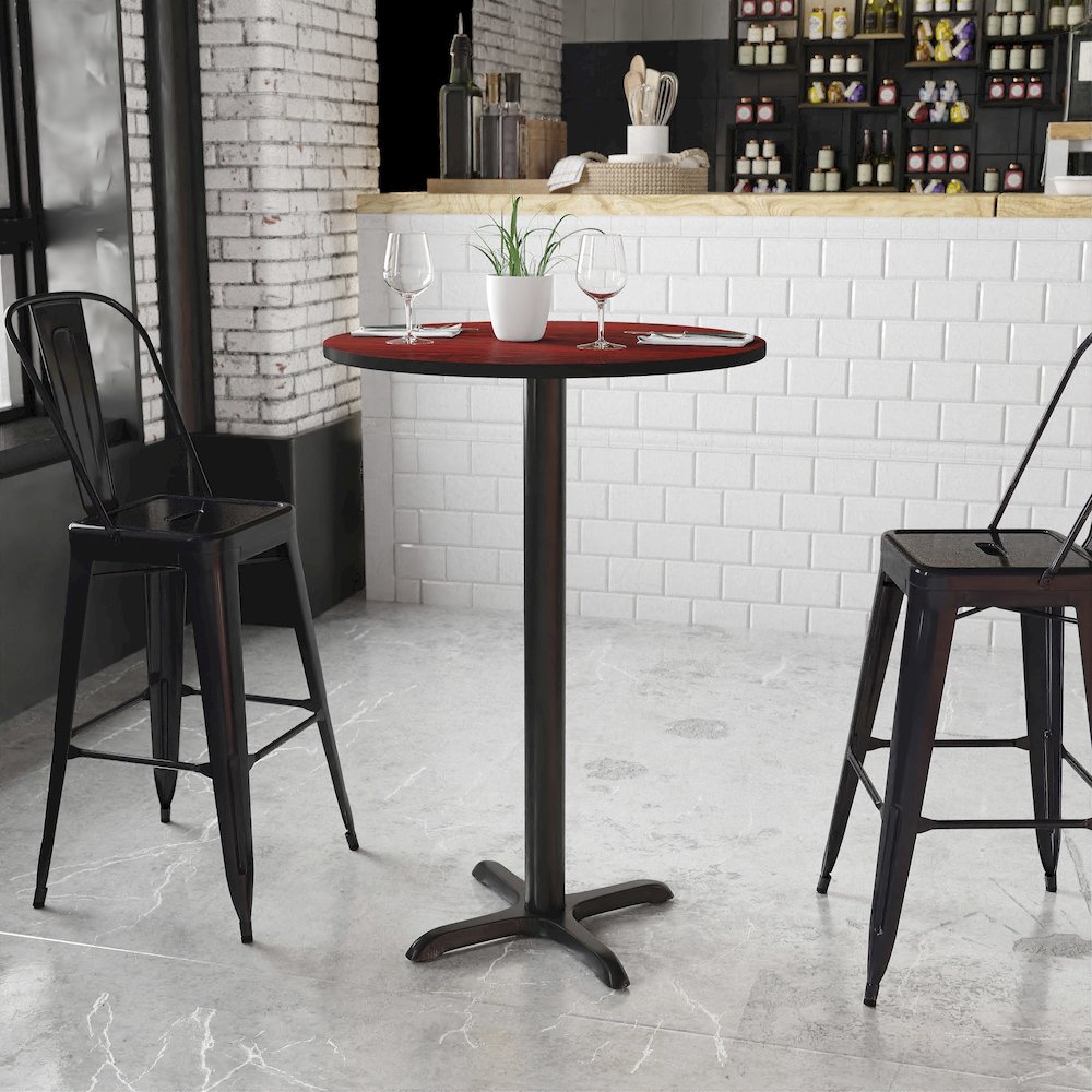 30'' Round Mahogany Laminate Table Top with 22'' x 22'' Bar Height Table Base. Picture 2