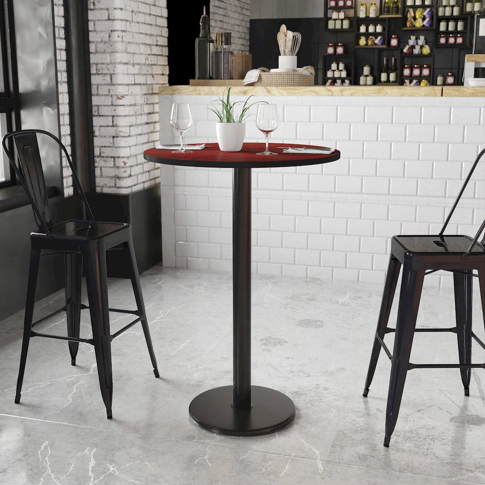 30'' Round Mahogany Laminate Table Top with 18'' Round Bar Height Table Base. Picture 2