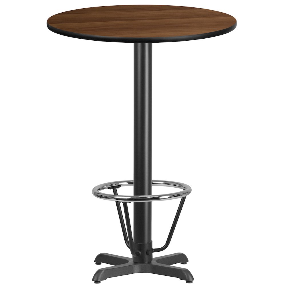 30'' Round Walnut Laminate Table Top with 22'' x 22'' Bar Height Table Base and Foot Ring. Picture 1