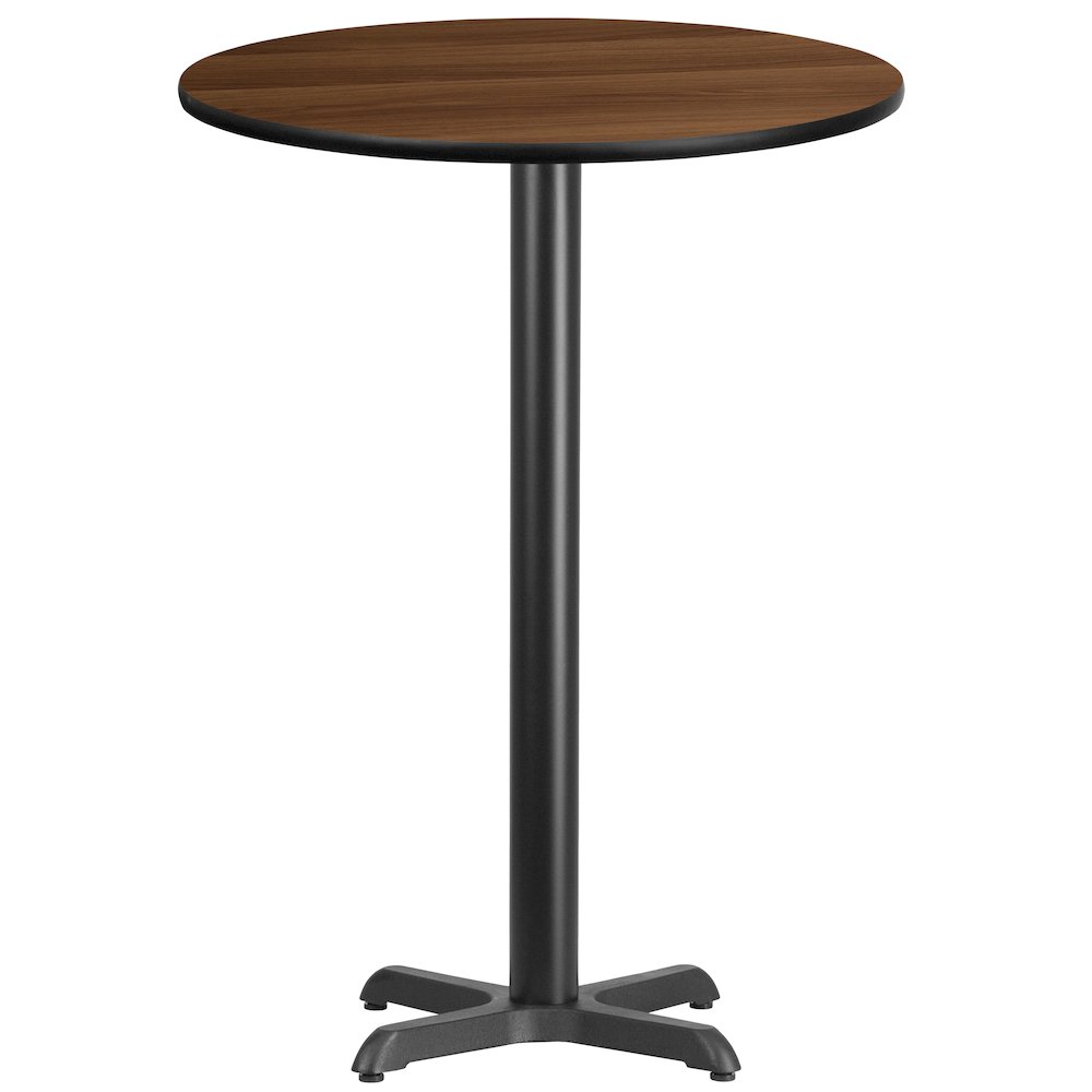 30'' Round Walnut Laminate Table Top with 22'' x 22'' Bar Height Table Base. Picture 1