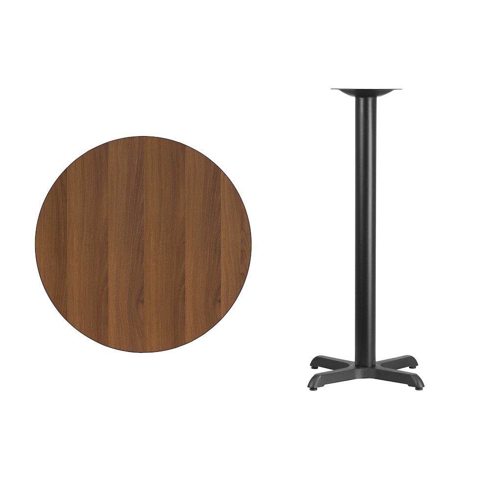 30'' Round Walnut Laminate Table Top with 22'' x 22'' Bar Height Table Base. Picture 4