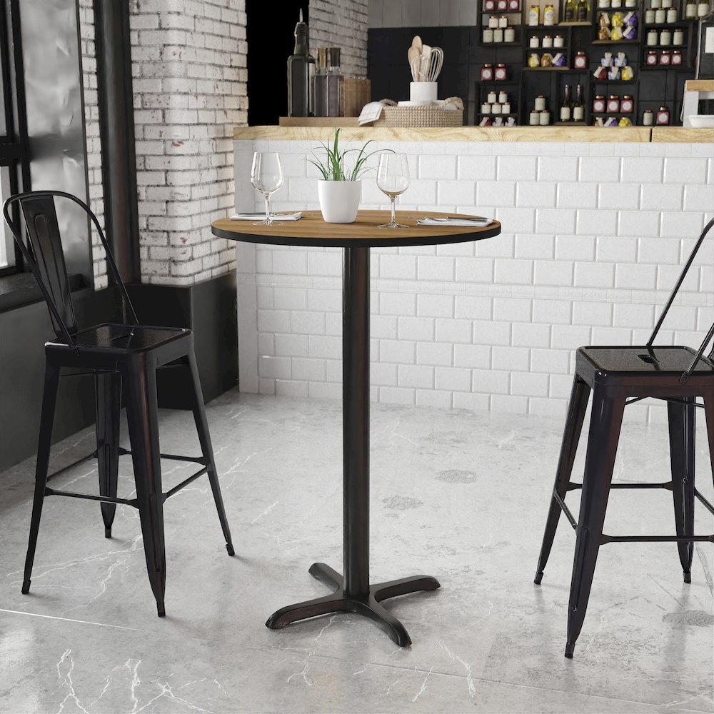 30'' Round Walnut Laminate Table Top with 22'' x 22'' Bar Height Table Base. Picture 2
