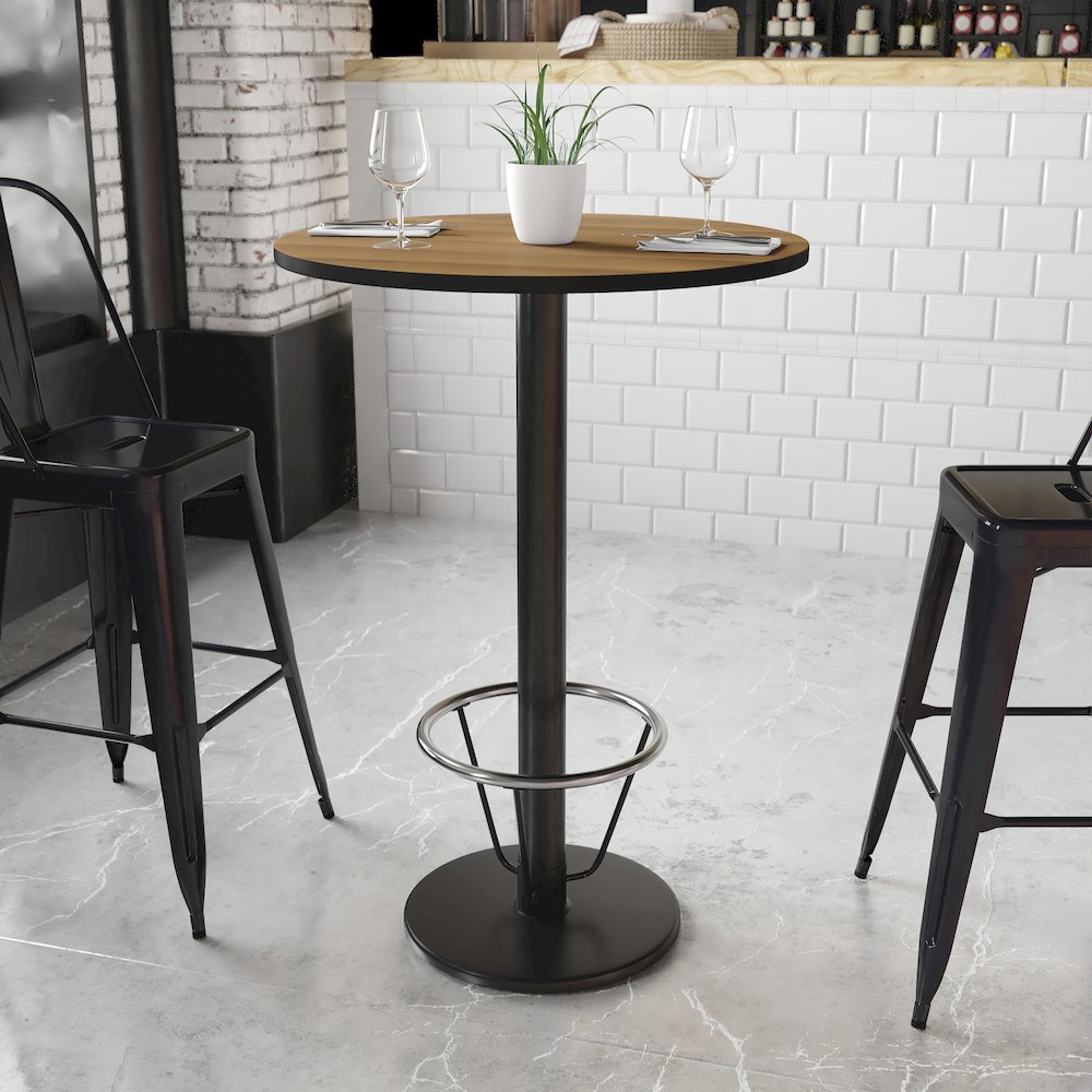 30'' Round Walnut Table Top with 18'' Round Bar Height Table Base and Foot Ring. Picture 2