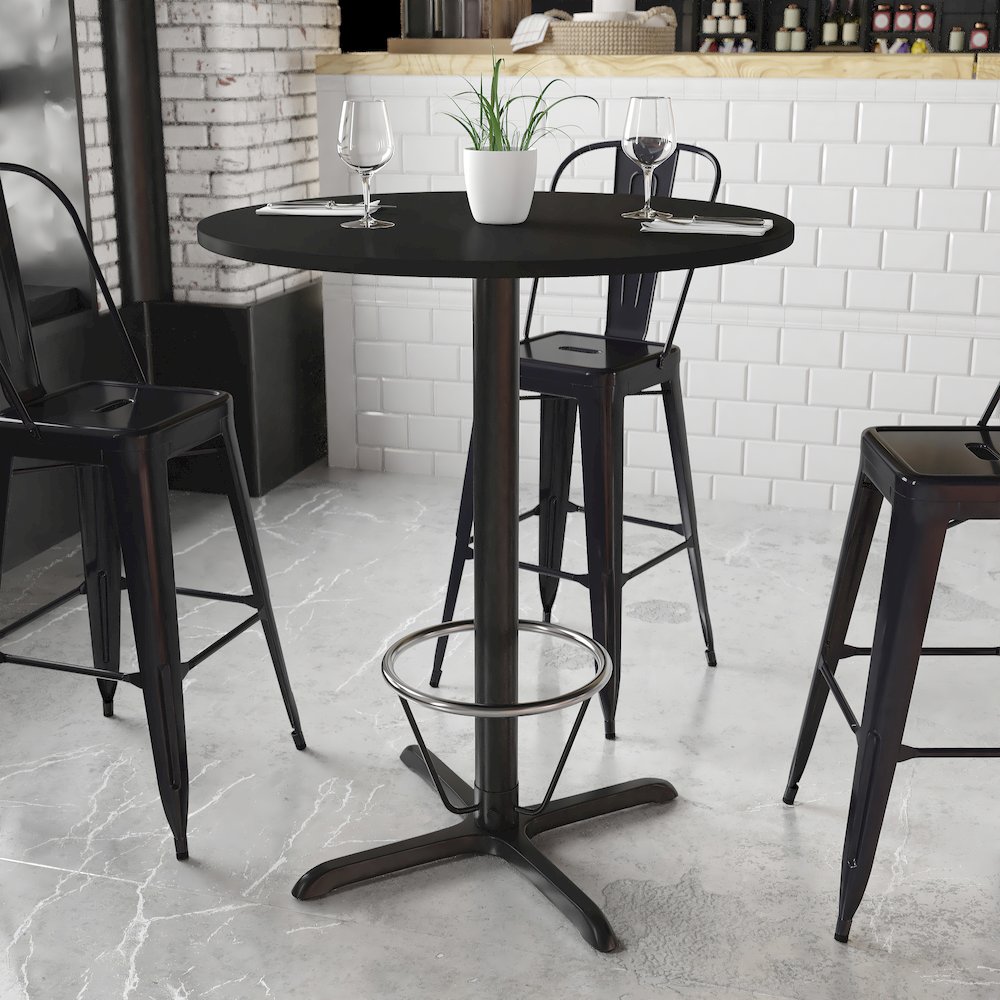 36'' Round Black Table Top with 30'' x 30'' Bar Height Table Base and Foot Ring. Picture 2