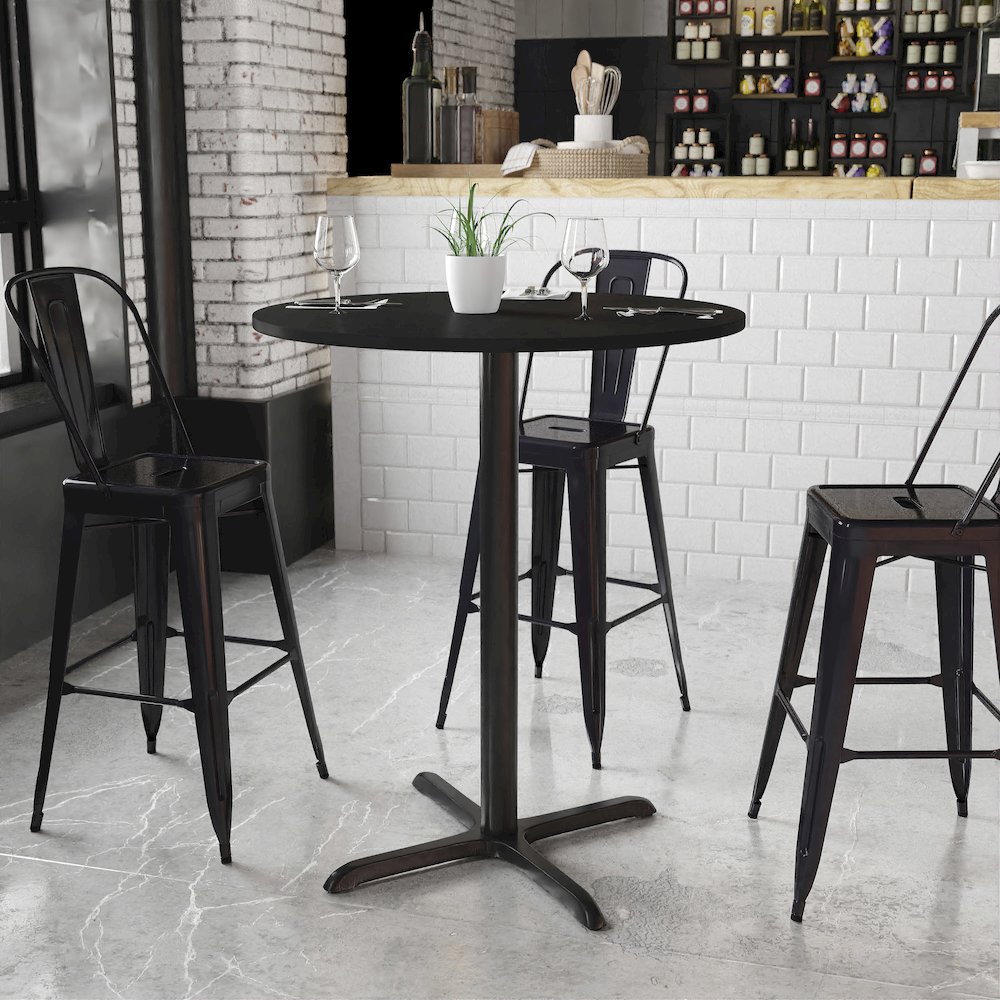 36'' Round Black Laminate Table Top with 30'' x 30'' Bar Height Table Base. Picture 2