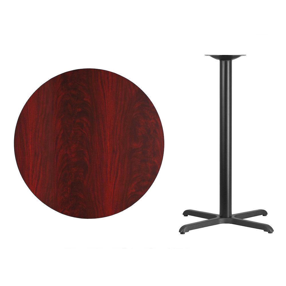 36'' Round Mahogany Laminate Table Top with 30'' x 30'' Bar Height Table Base. Picture 4