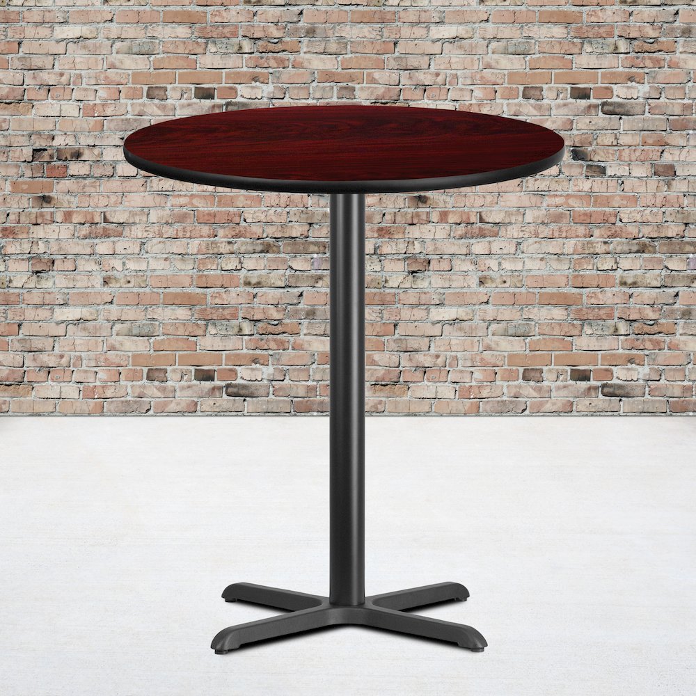 36'' Round Mahogany Laminate Table Top with 30'' x 30'' Bar Height Table Base. Picture 2