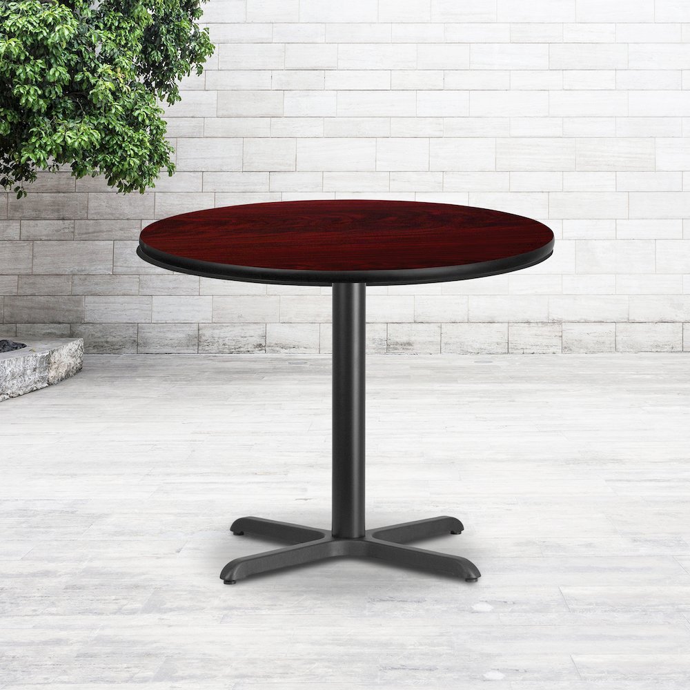 36'' Round Mahogany Laminate Table Top with 30'' x 30'' Table Height Base. Picture 2