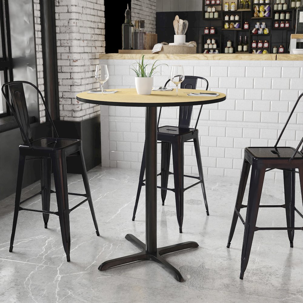 36'' Round Natural Laminate Table Top with 30'' x 30'' Bar Height Table Base. Picture 2