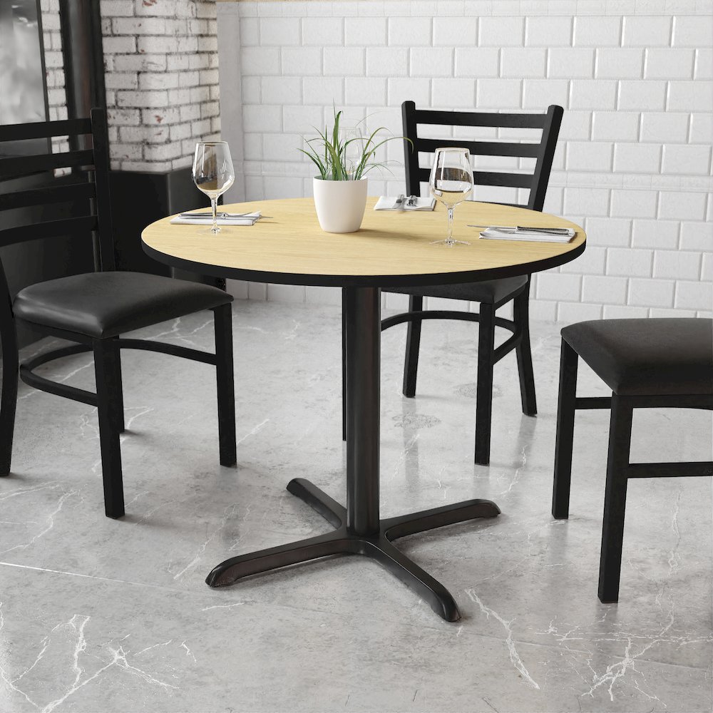 36'' Round Natural Laminate Table Top with 30'' x 30'' Table Height Base. Picture 2