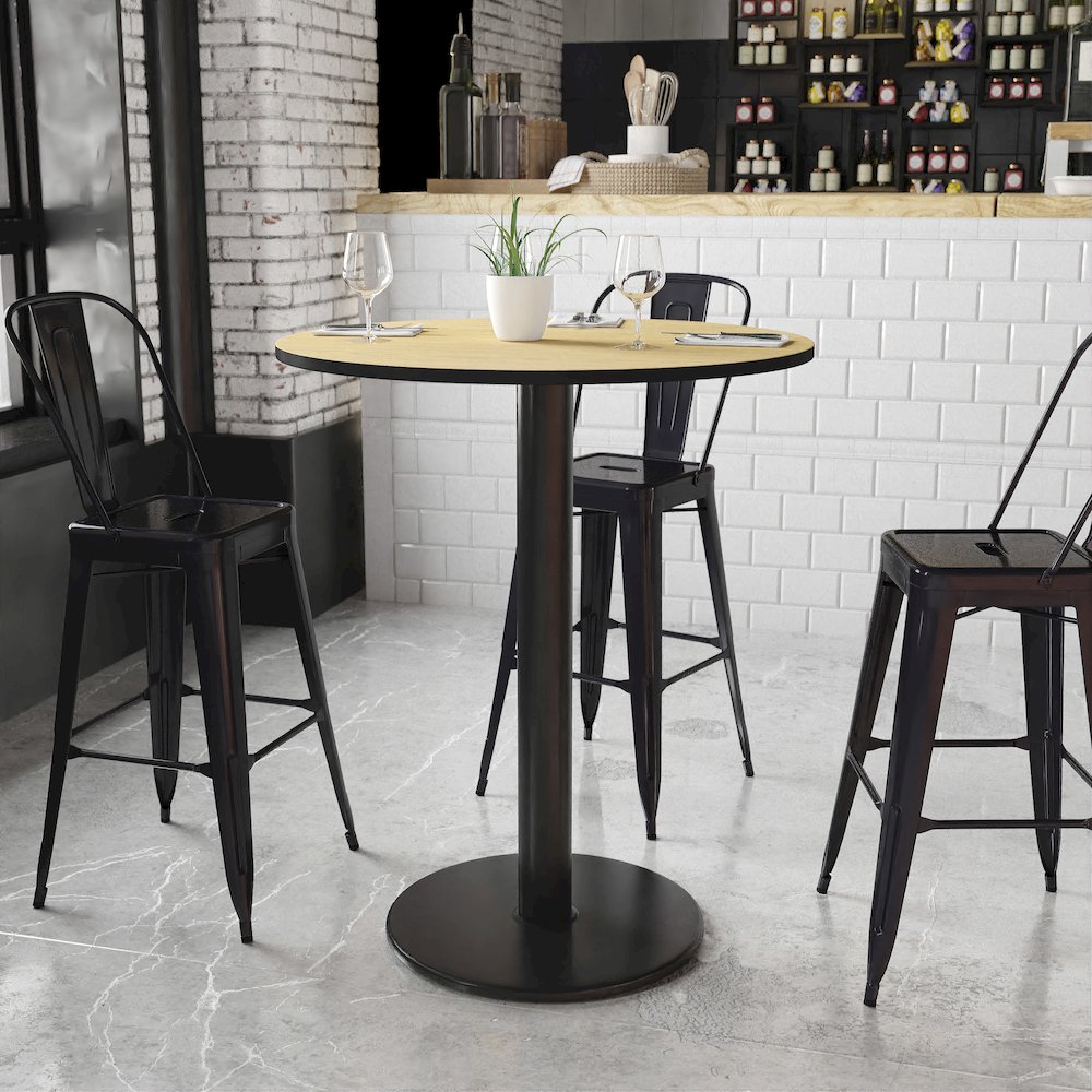 36'' Round Natural Laminate Table Top with 24'' Round Bar Height Table Base. Picture 2