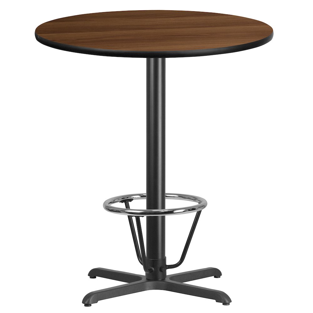 36'' Round Walnut Table Top with 30'' x 30'' Bar Height Table Base and Foot Ring. Picture 1
