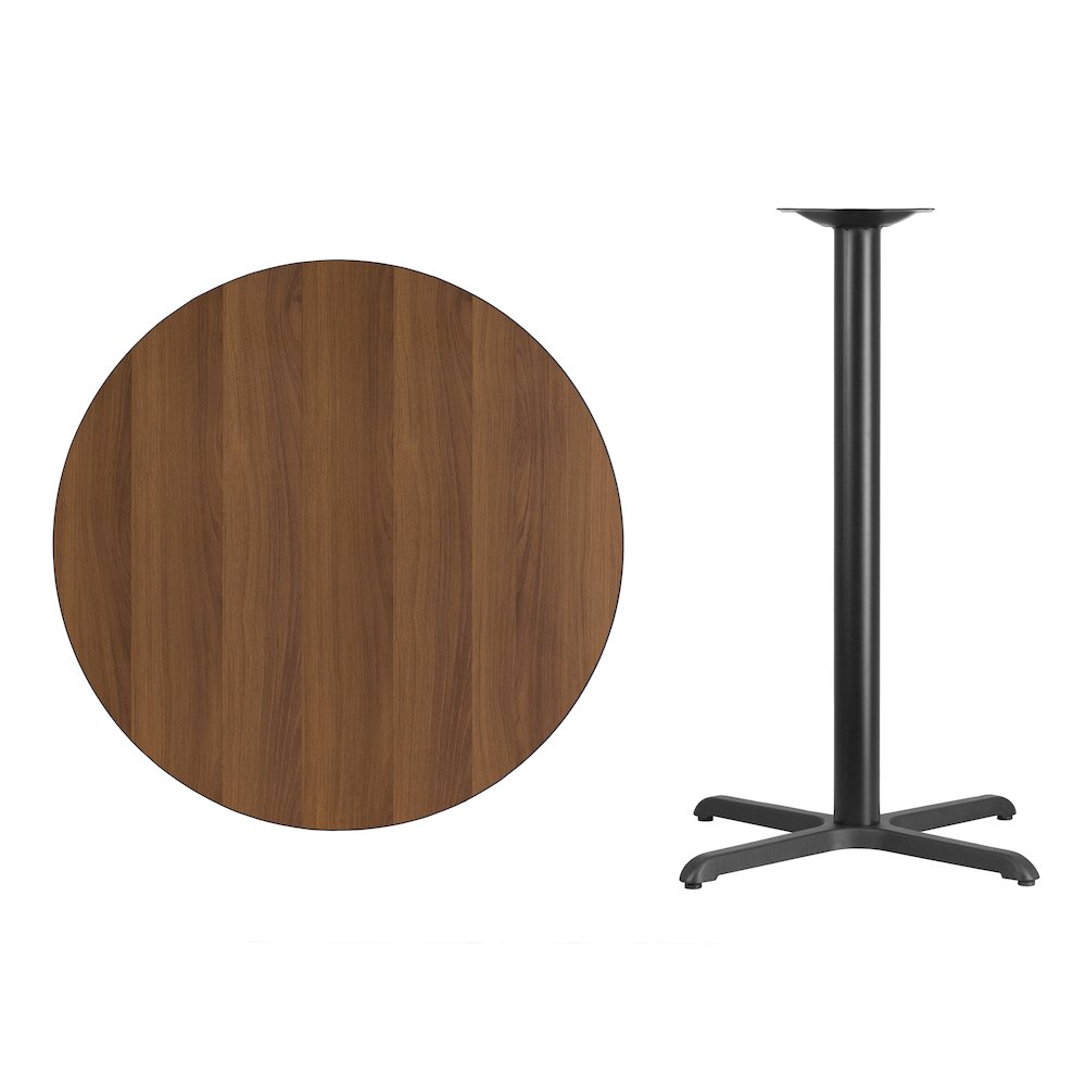 36'' Round Walnut Laminate Table Top with 30'' x 30'' Bar Height Table Base. Picture 4