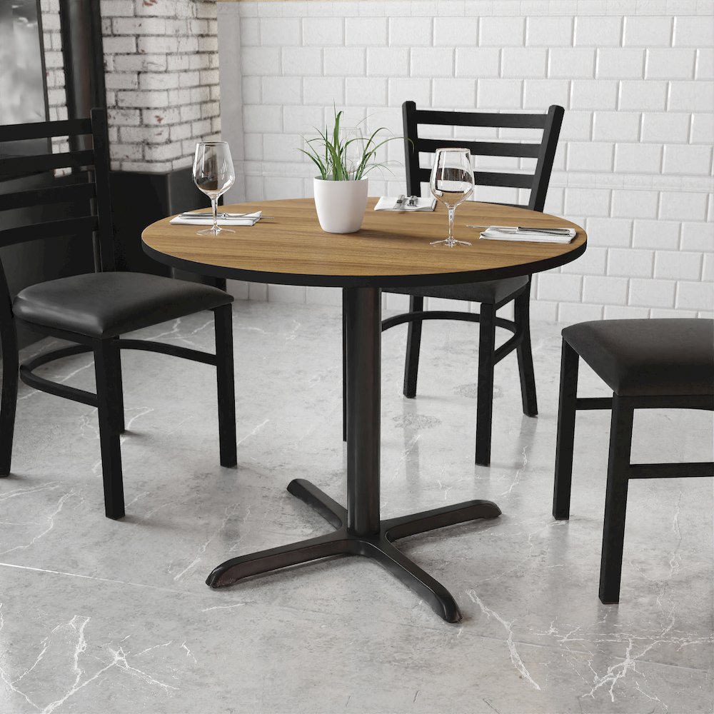 36'' Round Walnut Laminate Table Top with 30'' x 30'' Table Height Base. Picture 2