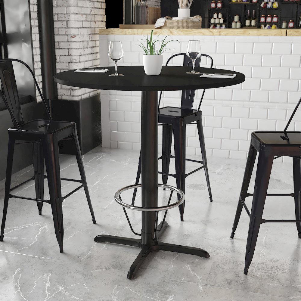 42'' Round Black Table Top with 33'' x 33'' Bar Height Table Base and Foot Ring. Picture 2