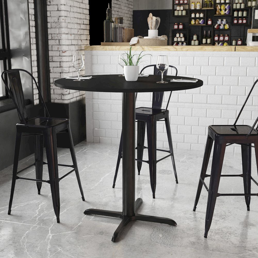 42'' Round Black Laminate Table Top with 33'' x 33'' Bar Height Table Base. Picture 2