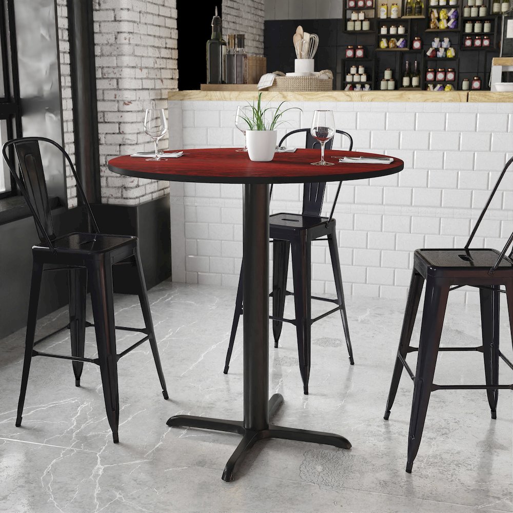 42'' Round Mahogany Laminate Table Top with 33'' x 33'' Bar Height Table Base. Picture 2